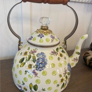 NEW! Mackenzie Childs Wild Flower Floral Polka Dot Teapot with Wooden Handle